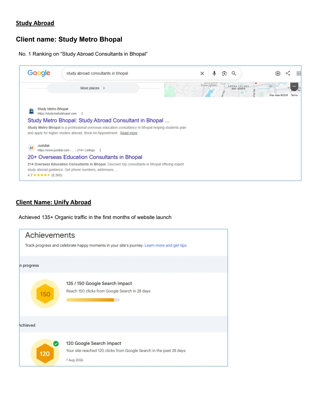 Digital Marketing & SEO for Study Abroad Consultants 1 2026 portfolio page showing Study Metro Bhopal search results and Unify Abroad Search Console click milestones